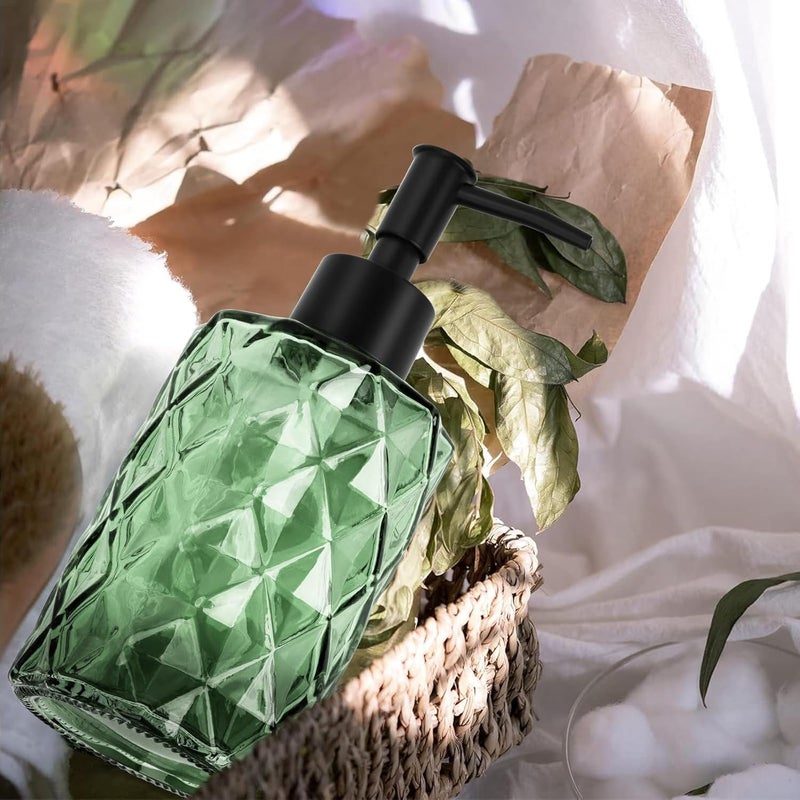 Ulable Clear Green Glass Soap Dispenser with Pump, 12oz Diamond Design Hand Soap Dispenser, Refillable Lotion Dispenser & Dish for Dishwashing Liquid, Shower Gel - Image 3